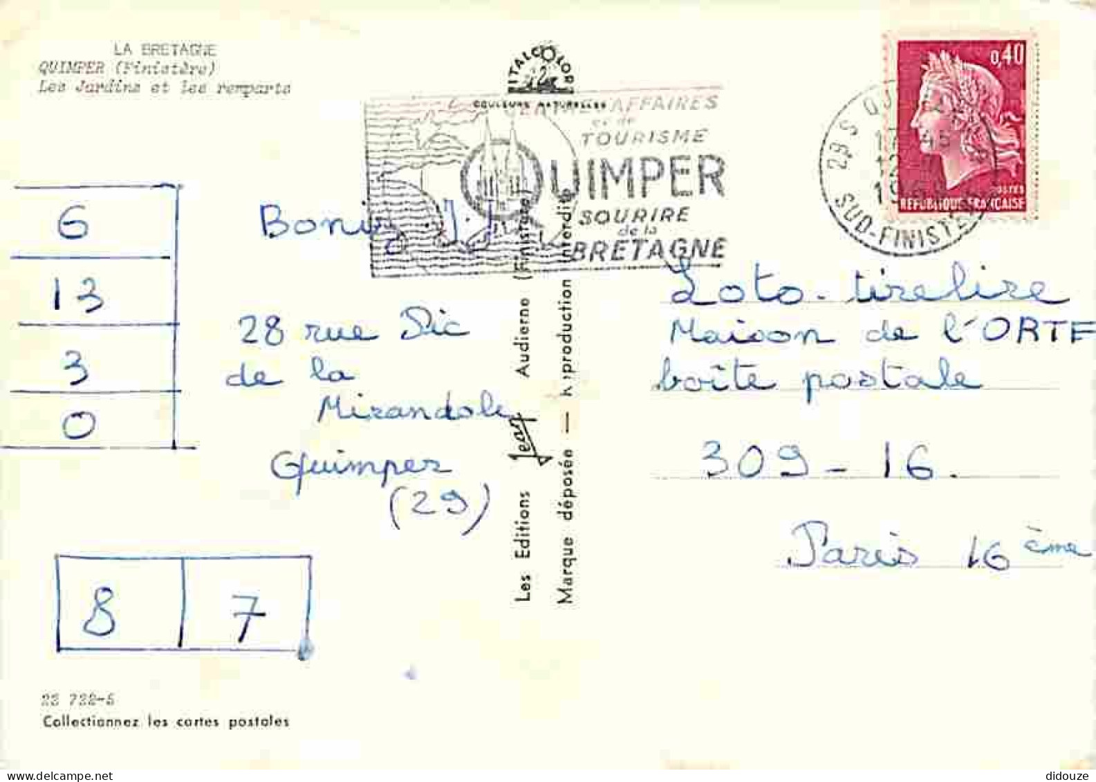 29 - Quimper - Les Jardins - Les Remparts - Automobiles - Flamme Postale - Voir Scans Recto Verso  - Quimper