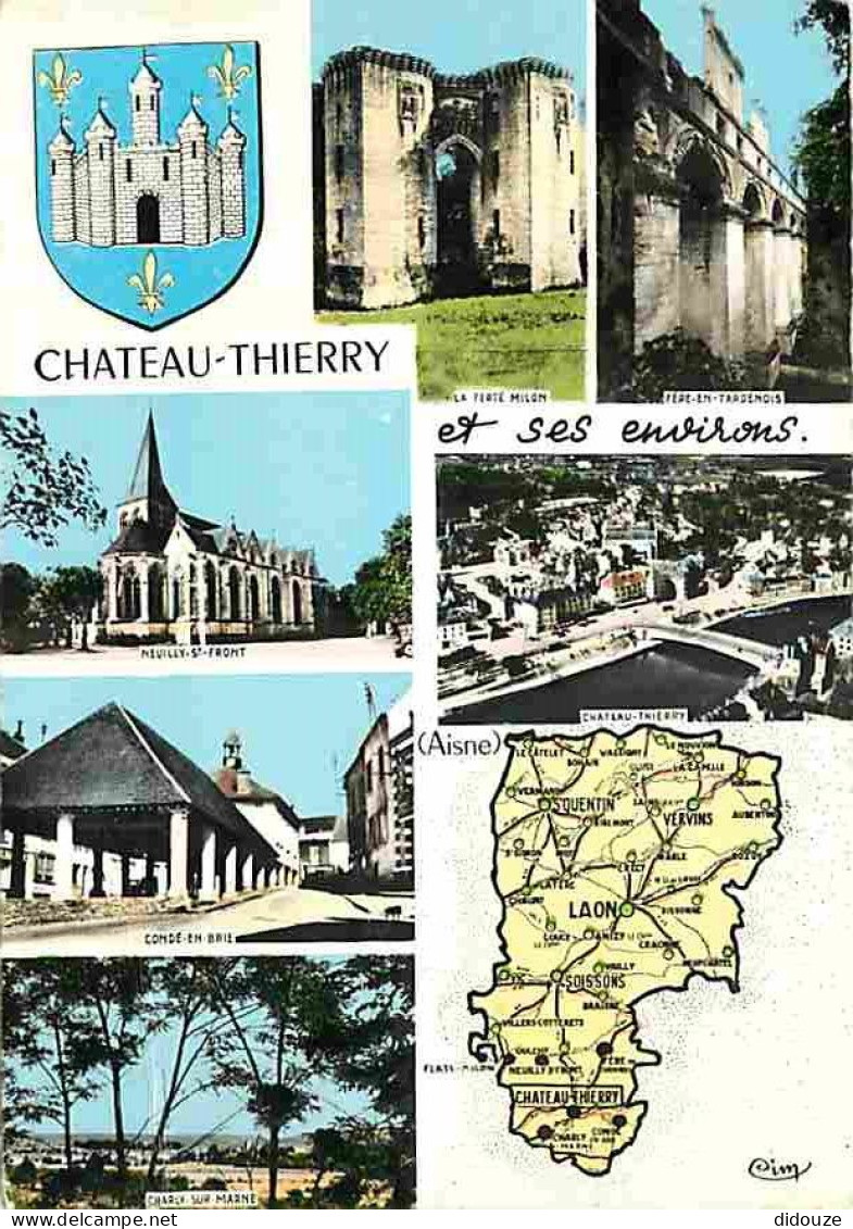 02 - Château Thierry - Multivues - Carte Géographique - Blasons - Flamme Postale - CPM - Voir Scans Recto-Verso  - Chateau Thierry