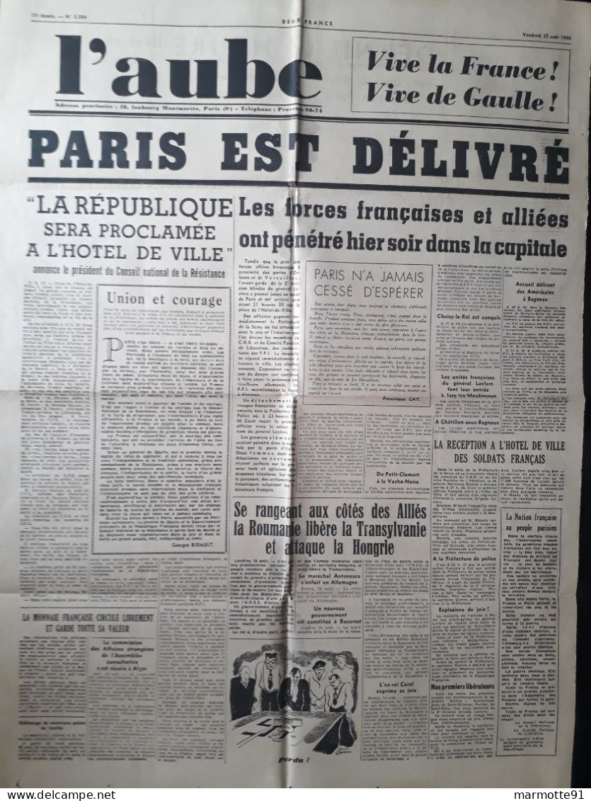 LIBERATION DE PARIS 25 AOUT 1944 PRESSE L AUBE - 1939-45
