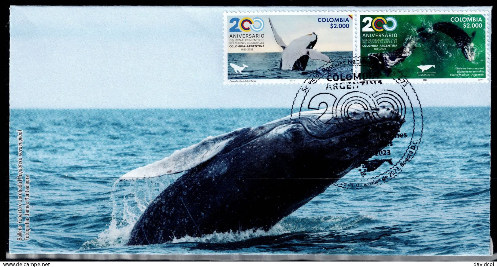 16-KOLUMBIEN - 2023-FDC- COLOMBIA-ARGENTINA 200 YEARS OF DIPLOMATIC RELATIONS - WHALES - Colombia