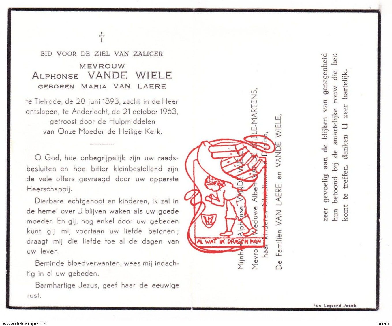 DP Maria Van Laere ° Tielrode Temse 1893 † Anderlecht 1963 X Alphonse Vande Wiele Vandewiele // Martens - Images Religieuses