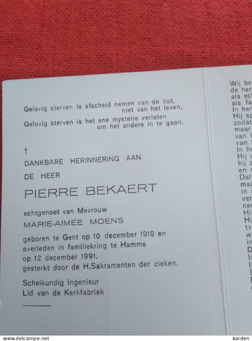 Doodsprentje Pierre Bekaert / Gent 10/12/1910 Hamme 12/12/1991 ( Marie Aimée Moens ) - Religion & Esotericism