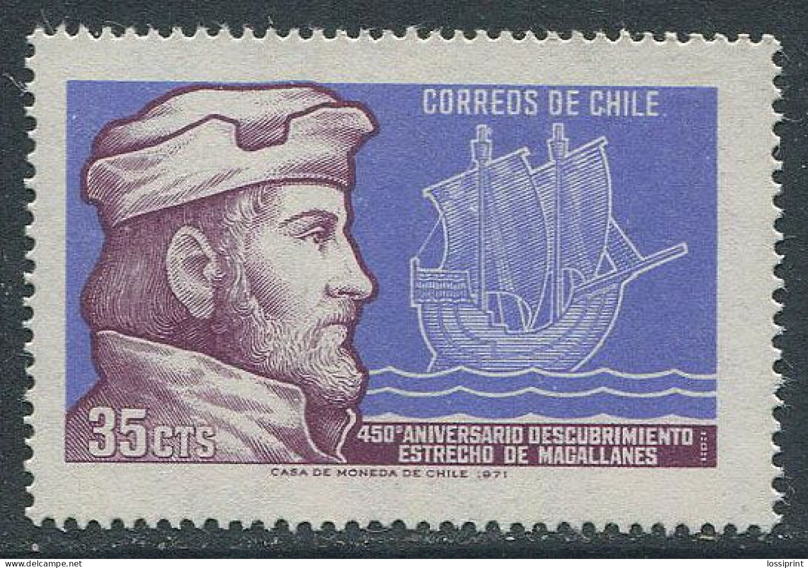 Chile:Unused Stamp 450 Years From Magalhaes Exhibition, Sailing Ship, Old Ship, 1971, MNH - Ships