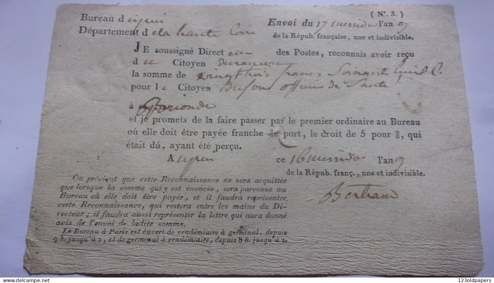 1801 JUILLET 17 MESSIDOR AN IX HAUTE LOIRE BRIOUDE RECONNAISSANCE POSTE MANDAT - Other & Unclassified