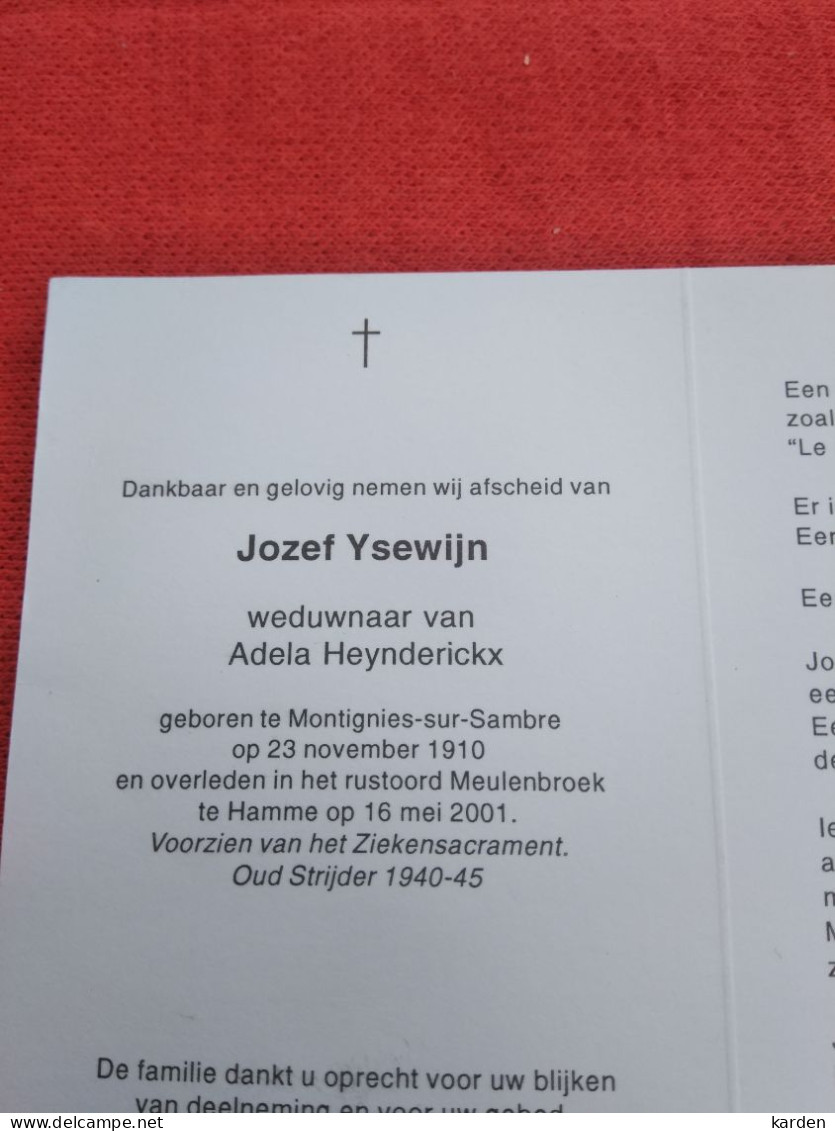 Doodsprentje Jozef Ysewijn / Montignies Sur Sambre 23/11/1910 Hamme 16/5/2001 ( Adela Heynderickx ) - Godsdienst & Esoterisme
