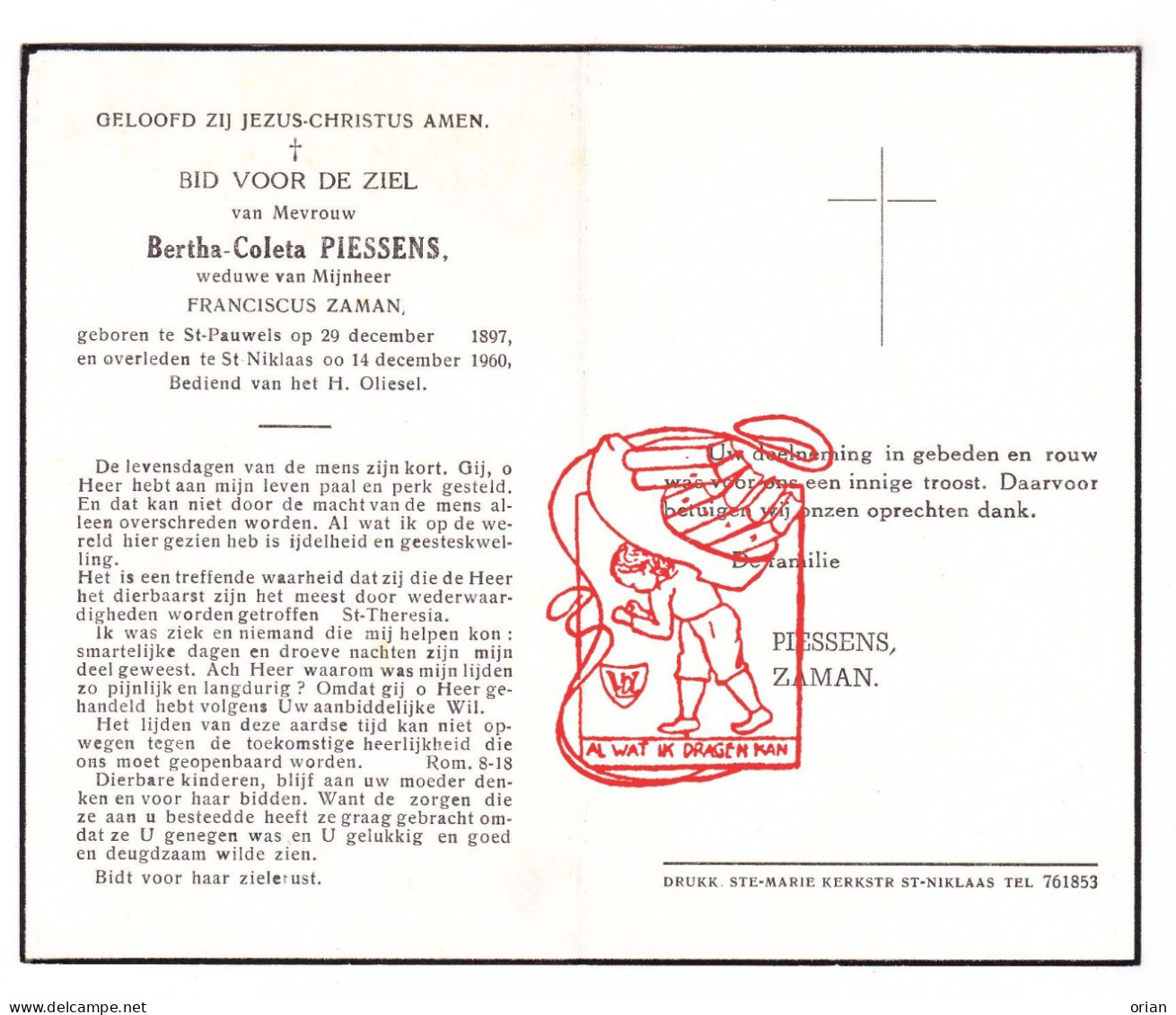 DP Bertha Coleta Piessens ° Sint-Pauwels Sint-Gillis-Waas 1897 † Sint-Niklaas 1960 X Franciscus Zaman - Images Religieuses