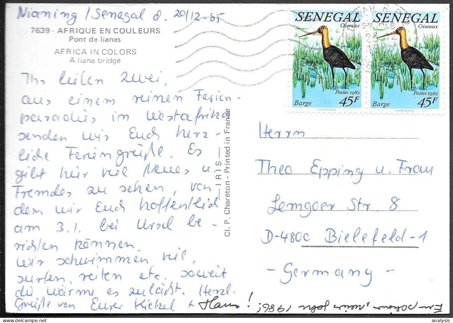 Senegal Postcard Mailed To Germany 1985. 90F Rate Bird Godwit Barge Stamp - Sénégal (1960-...)