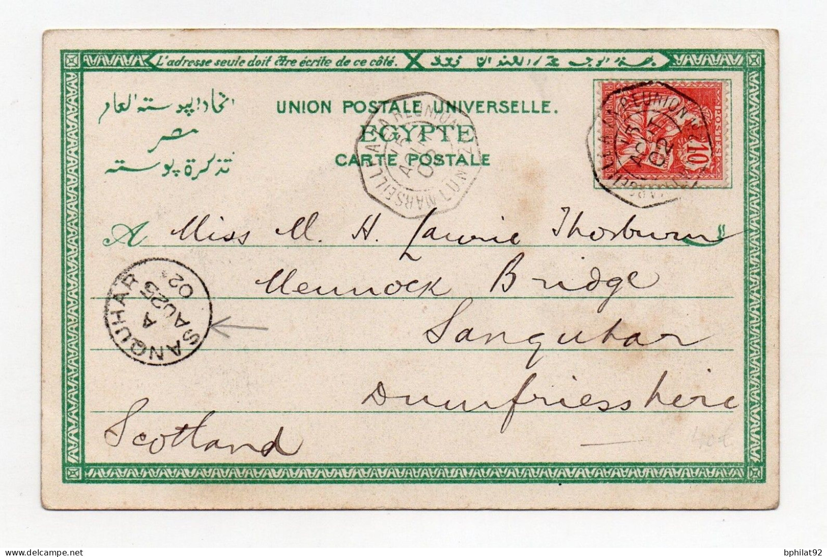 !!! CPA DE PORT SAID DE 1902 POUR L'ECOSSE, AFFRANCHIE 10C MOUCHON - Covers & Documents