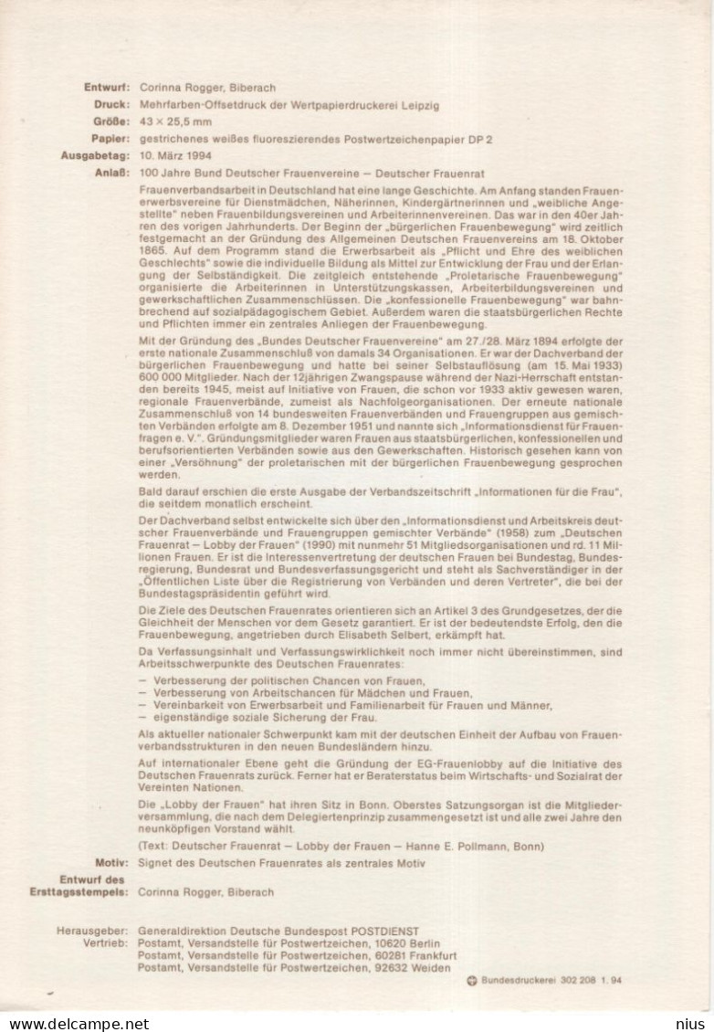 Germany Deutschland 1994-08 100 Jahre Bund Deutscher Frauenvereine, Federation Of German Women's Associations, Bonn - 1991-2000