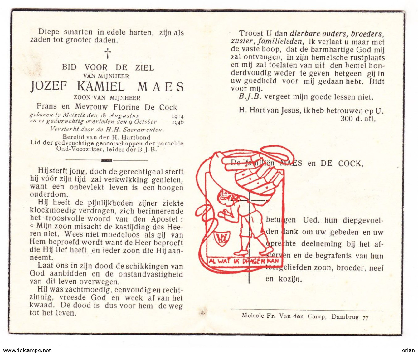 DP Oud Voorzitter & Leider BJB - Jozef Kamiel Maes / De Cock 32j. ° Melsele Beveren Waas 1914 † 1946 - Images Religieuses
