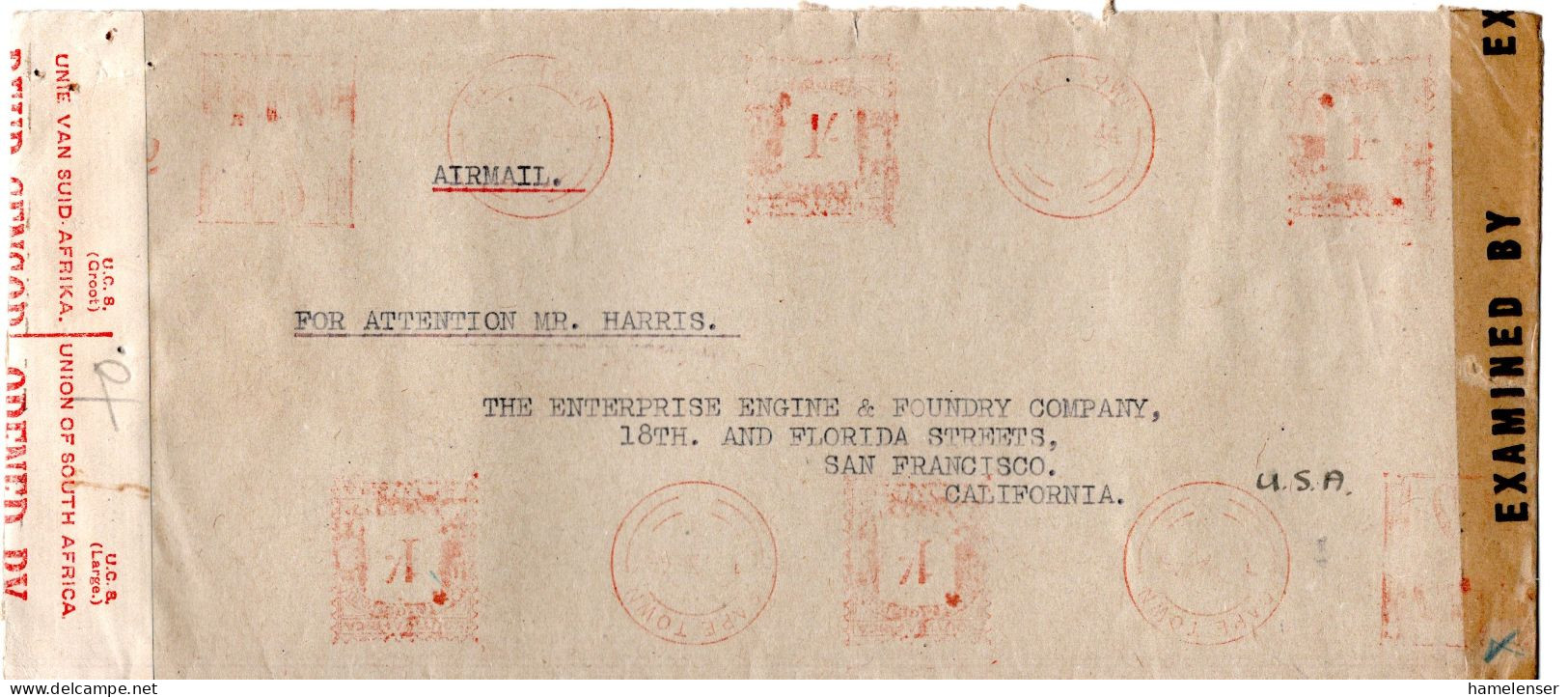 L78837 - Südafrika - 1944 - 4@1'- Freistpl M Südafr & US-Zensur CAPE TOWN -> San Francisco, CA (USA) - Covers & Documents