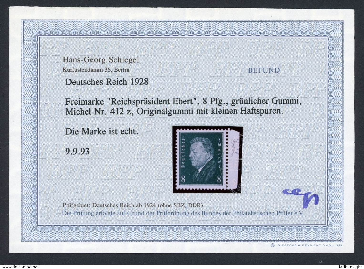 Deutsches Reich 412 Z Mit Falz Befund Schlegel #JK232 - Unused Stamps