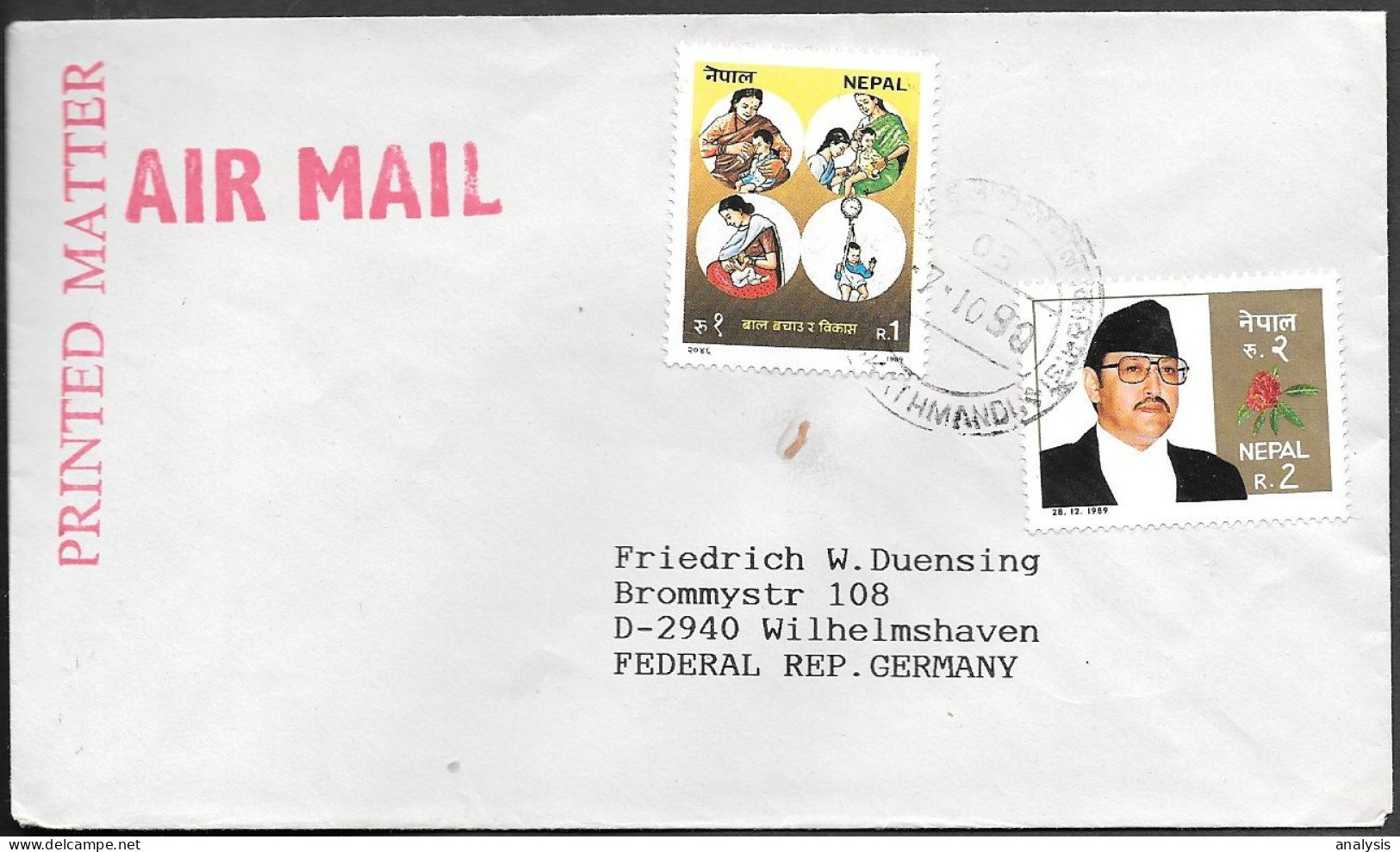 Nepal Cover Mailed To Germany 1990. 3R Rate - Népal