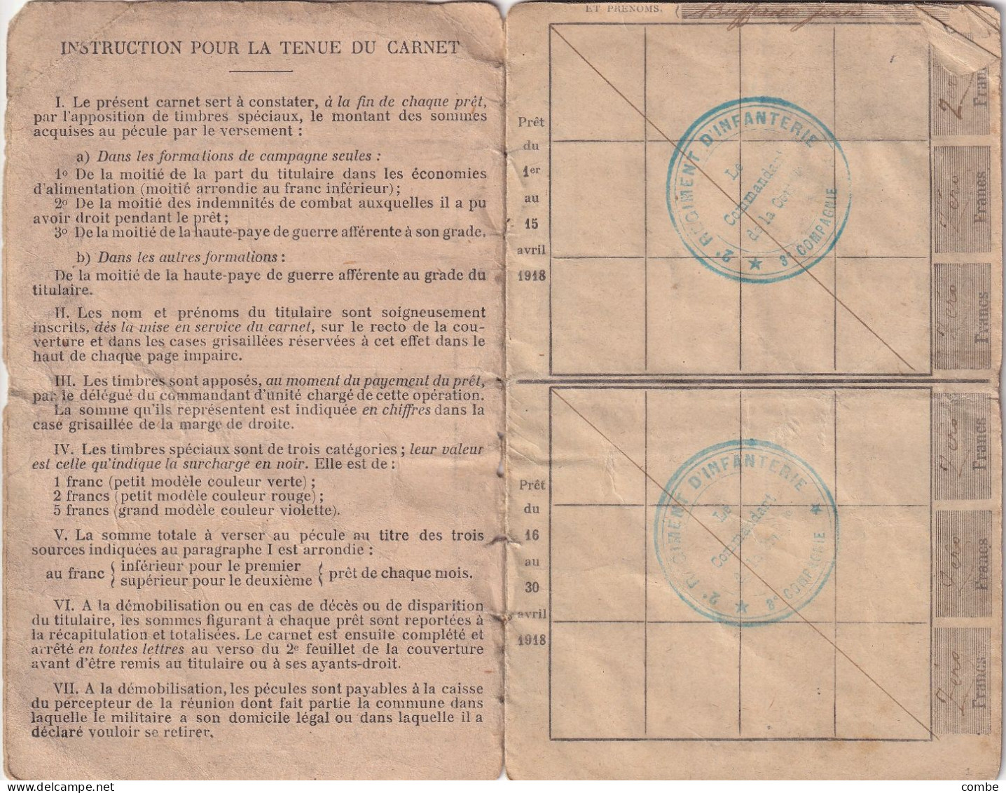 CARNET MILITAIRE DE PECULE COMPLET AVEC SES TIMBRES FISCAUX. CLASSE 1917. TAMBOUR - 1914-18