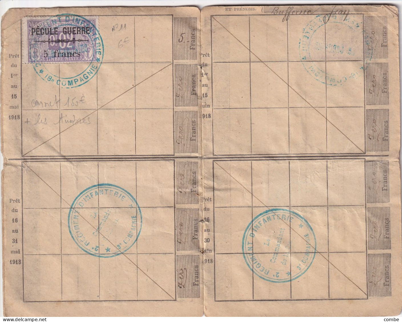 CARNET MILITAIRE DE PECULE COMPLET AVEC SES TIMBRES FISCAUX. CLASSE 1917. TAMBOUR - 1914-18