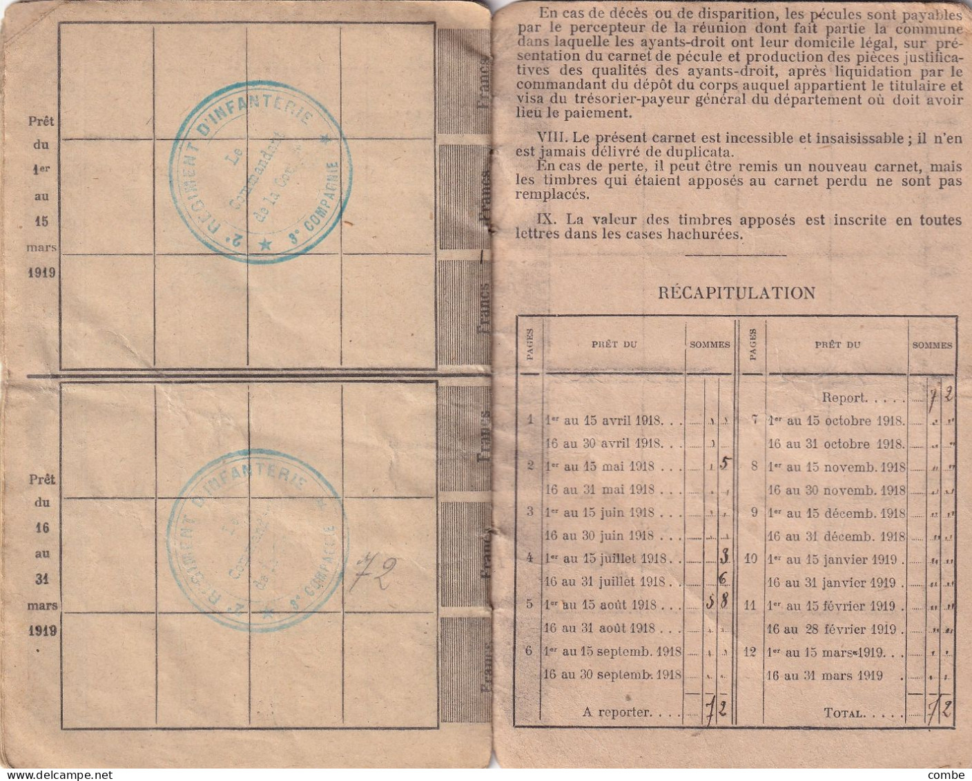 CARNET MILITAIRE DE PECULE COMPLET AVEC SES TIMBRES FISCAUX. CLASSE 1917. TAMBOUR