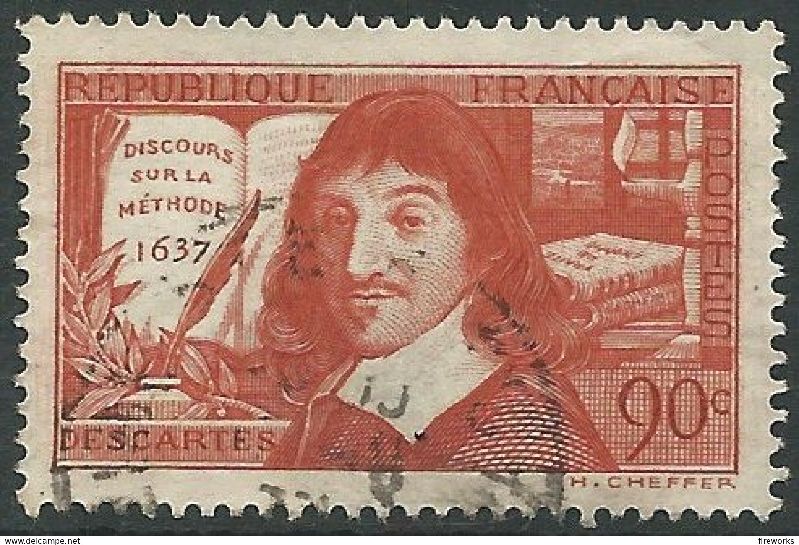 FRANCE-1937 - Y&T N° 337 -Tricentenaire Du Discours Sur La Méthode. Effigie De René Descartes Dit Cartesius (1596-1650) - Oblitérés