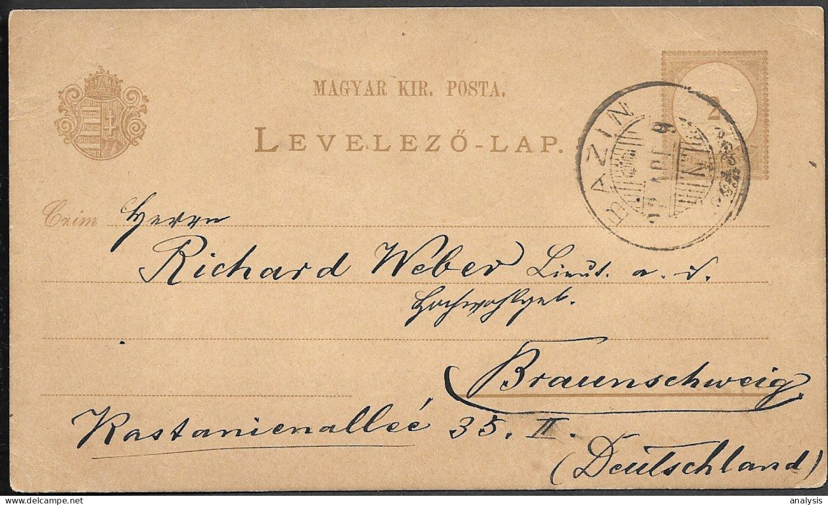 Hungary Slovakia Bazin Postal Stationery Card Mailed To Germany 1893 - Briefe U. Dokumente