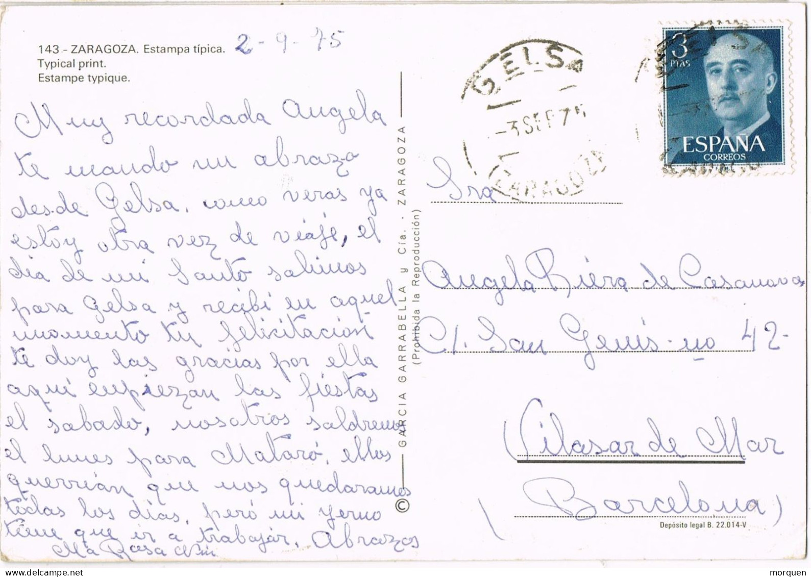 55099. Postal GELSA (Zaragoza) 1975. El Pilar Y Estampa Tipica - Lettres & Documents