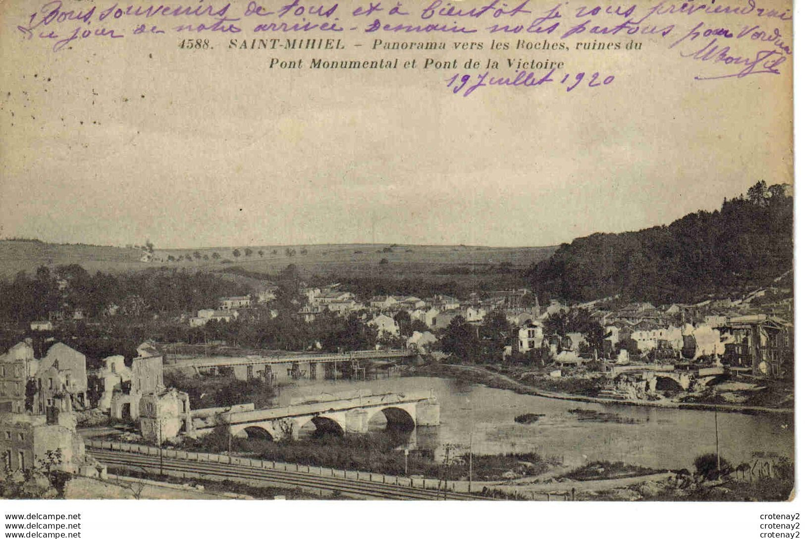 15 SAINT MIHIEL N°4588 Panorama Vers Les Roches Voie Ferrée Ruines Du Pont Monumental Pont De La Victoire En 1920 - Saint Mihiel