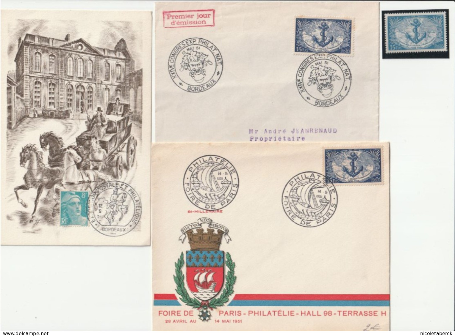 N°889, Obl: 1er Jour Illustrée Congrès De Bordeaux + Une Carte Decaris + Variété Bleu Ciel. Cote 385€. Très Rare. - Cartas & Documentos