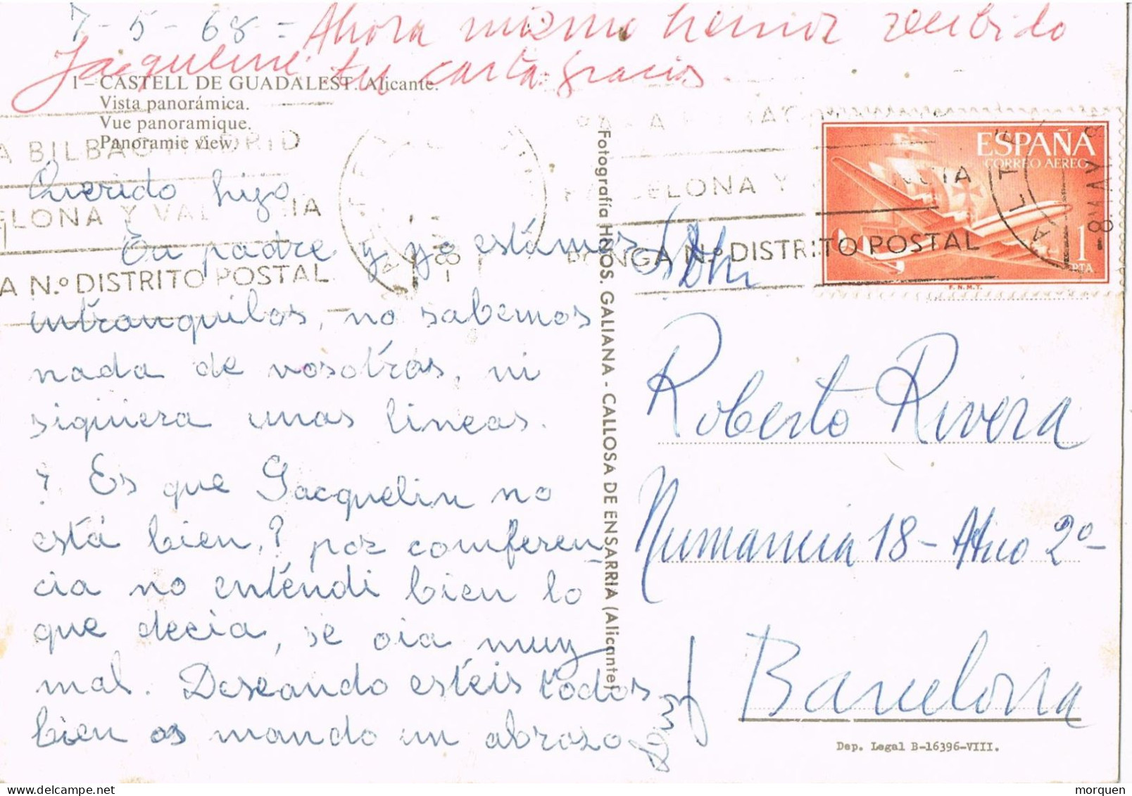 55100. Postal ALTEA (Alicante) 1968. Vista Castell De Guadalest - Briefe U. Dokumente