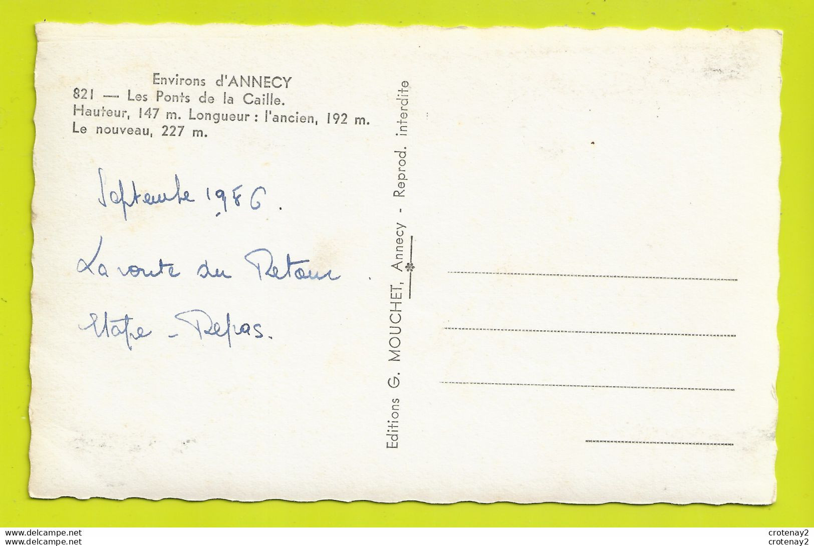 74 Environs D'ANNECY N°821 Les Ponts De La Caille VOIR DOS En 1956 éditions Mouchet - Annecy