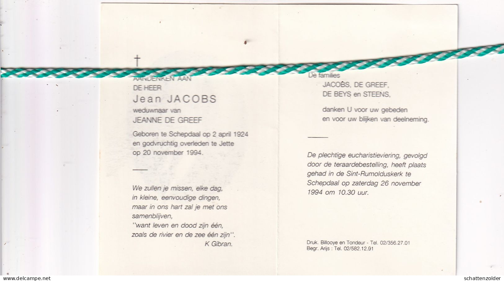 Jean Jacobs-De Greef, Schepdaal 1924, Jette 1994. Foto - Overlijden