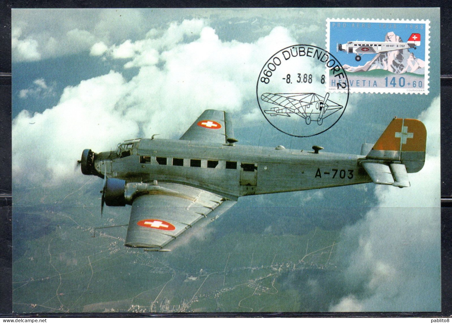 SWITZERLAND SUISSE SCHWEIZ SVIZZERA HELVETIA1988PRO AERO FOUNDATION ZURICH JUNKERS JU-52 140+60c MAXI MAXIMUM CARD CARTE - Maximumkaarten