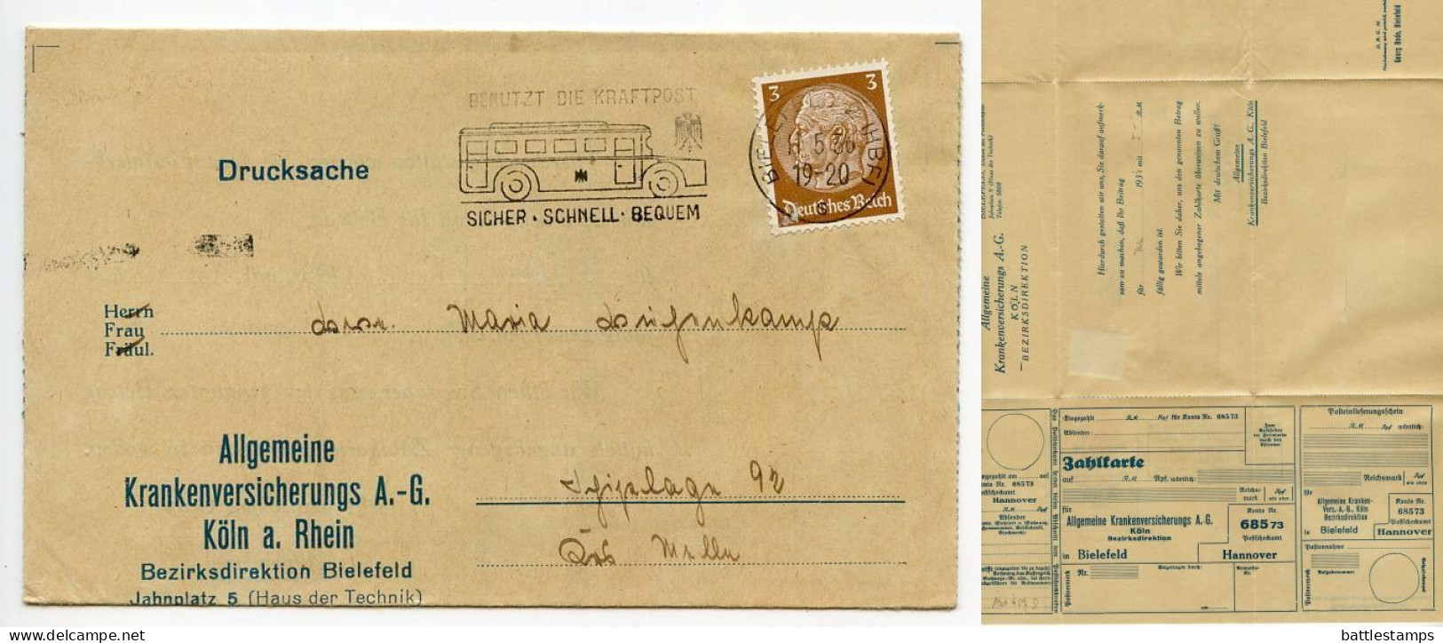 Germany 1936 Folded Zahlkarte; Bielefeld - Allgemeine Krankenversicherungs; 3pf. Hindenburg; Kraftpost Slogan Cancel - Briefe U. Dokumente