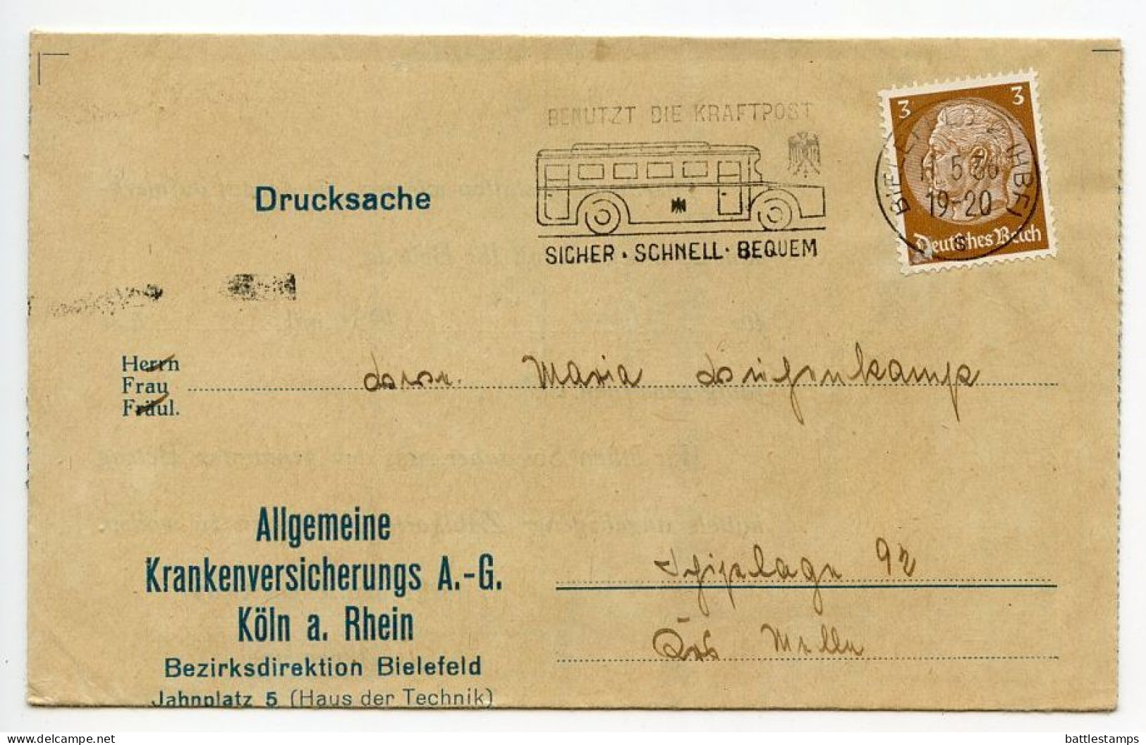 Germany 1936 Folded Zahlkarte; Bielefeld - Allgemeine Krankenversicherungs; 3pf. Hindenburg; Kraftpost Slogan Cancel - Covers & Documents