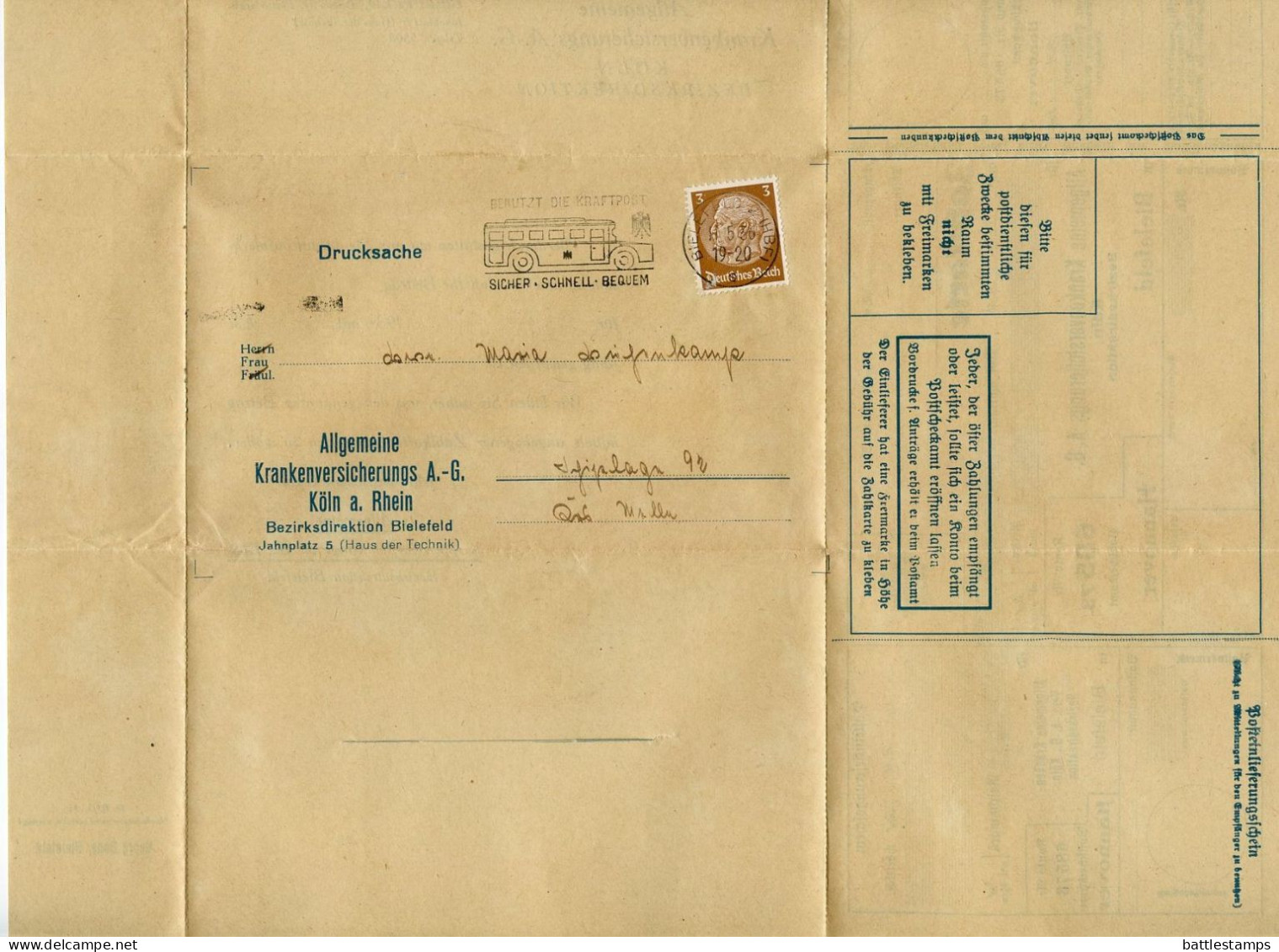 Germany 1936 Folded Zahlkarte; Bielefeld - Allgemeine Krankenversicherungs; 3pf. Hindenburg; Kraftpost Slogan Cancel - Briefe U. Dokumente