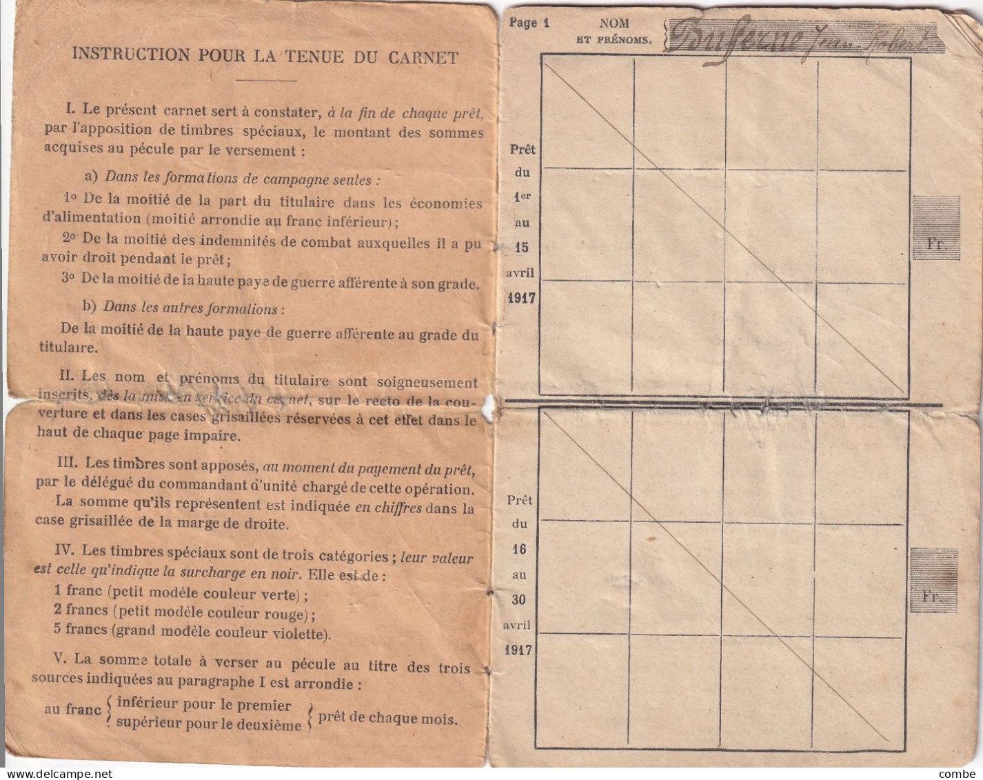 CARNET MILITAIRE DE PECULE COMPLET AVEC SES TIMBRES FISCAUX. CLASSE 1917. AUXERRE - 1914-18