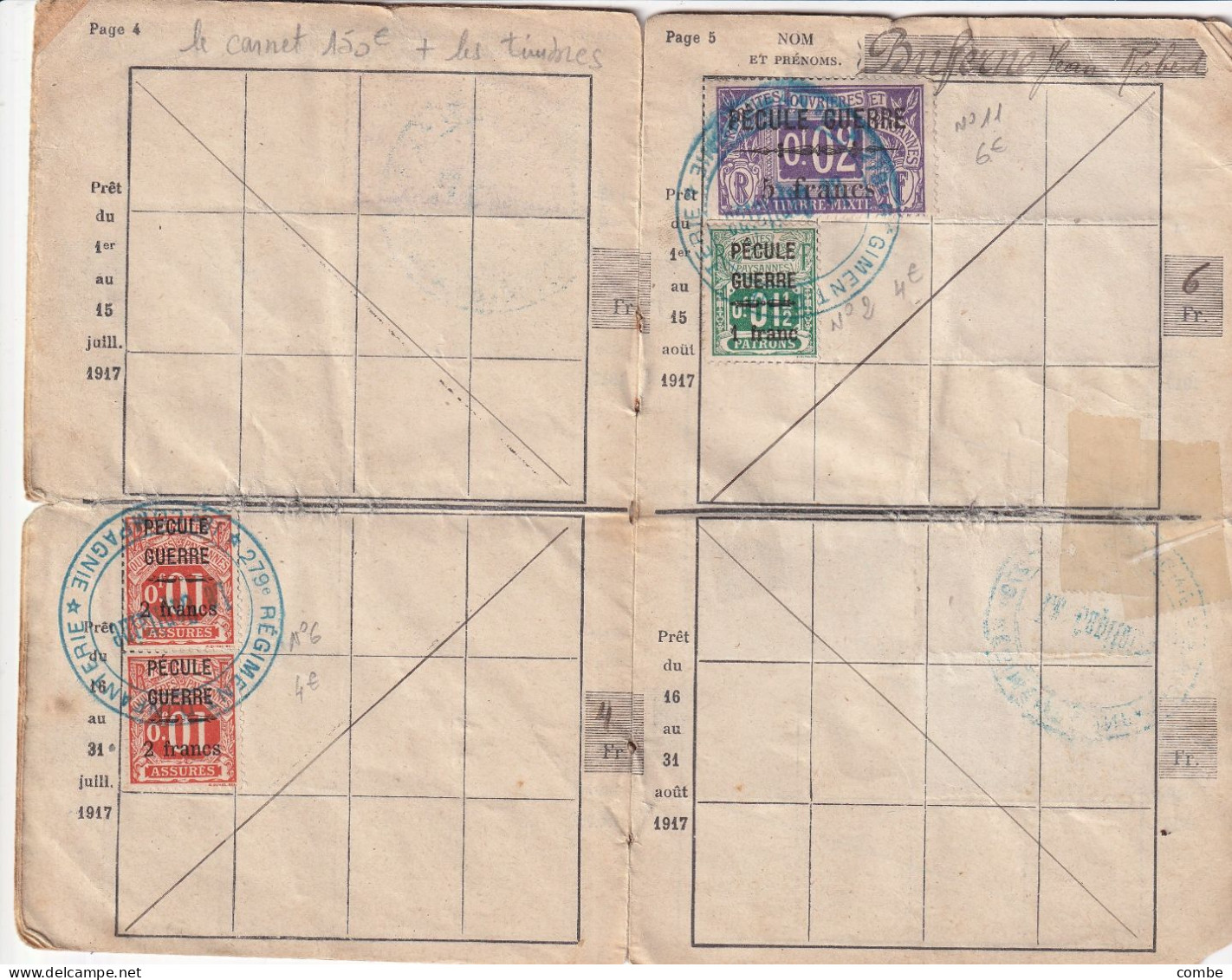 CARNET MILITAIRE DE PECULE COMPLET AVEC SES TIMBRES FISCAUX. CLASSE 1917. AUXERRE - 1914-18