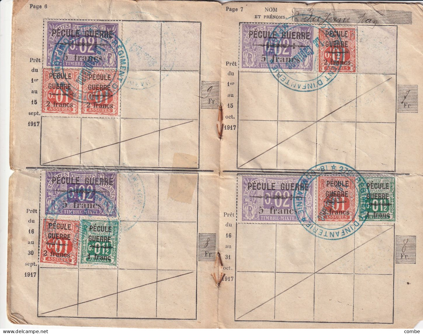 CARNET MILITAIRE DE PECULE COMPLET AVEC SES TIMBRES FISCAUX. CLASSE 1917. AUXERRE