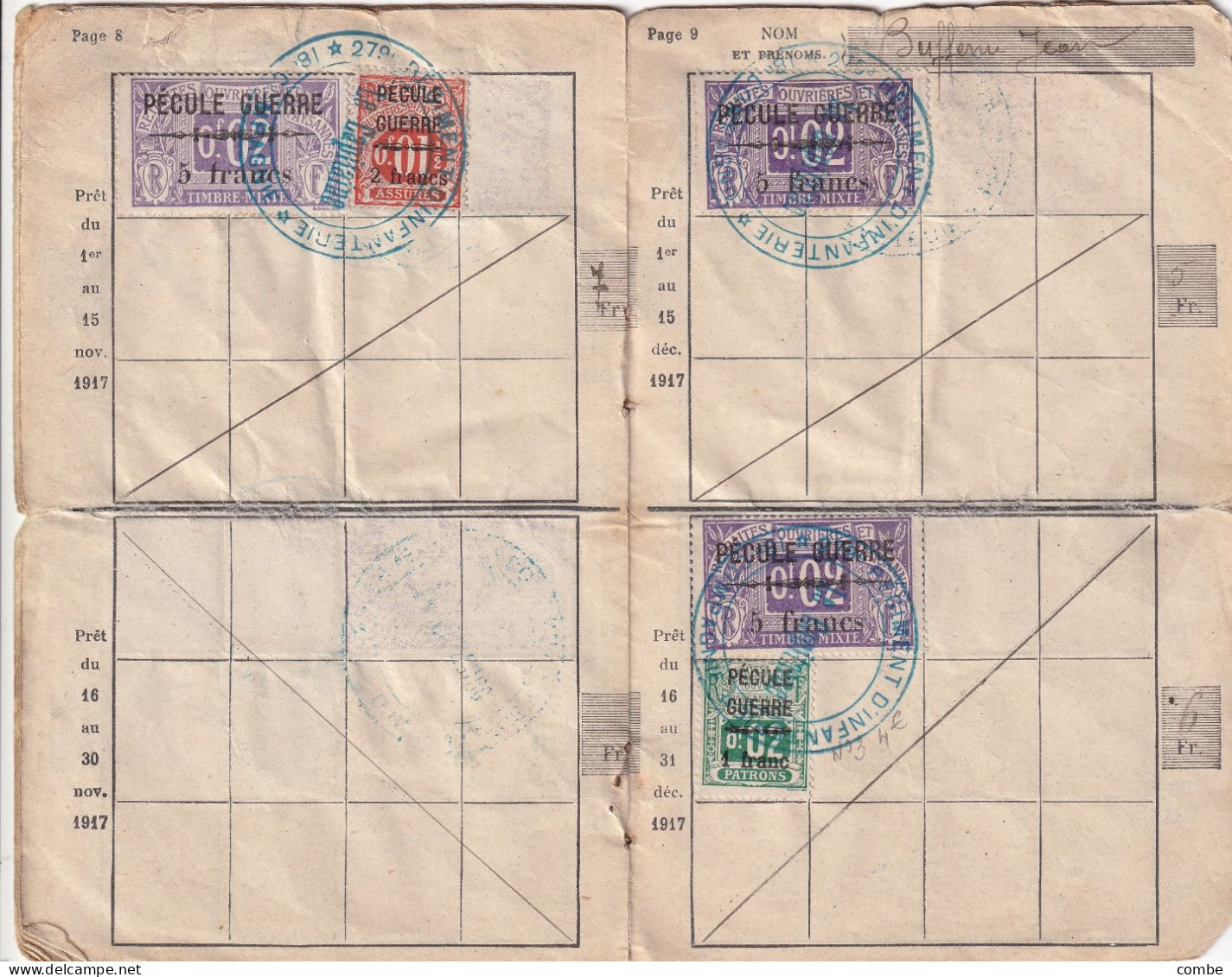 CARNET MILITAIRE DE PECULE COMPLET AVEC SES TIMBRES FISCAUX. CLASSE 1917. AUXERRE