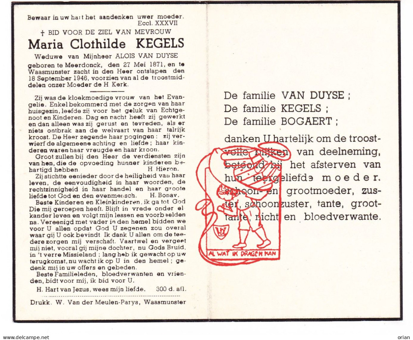 DP Maria Clothilde Kegels ° Meerdonk Sint-Gillis-Waas 1871 † Waasmunster 1946 X Alois Van Duyse // Bogaert - Andachtsbilder