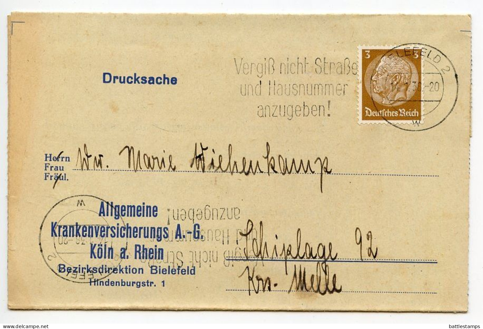 Germany 1938 Folded Zahlkarte; Bielefeld - Allgemeine Krankenversicherungs; 3pf. Hindenburg; Slogan Cancel - Briefe U. Dokumente