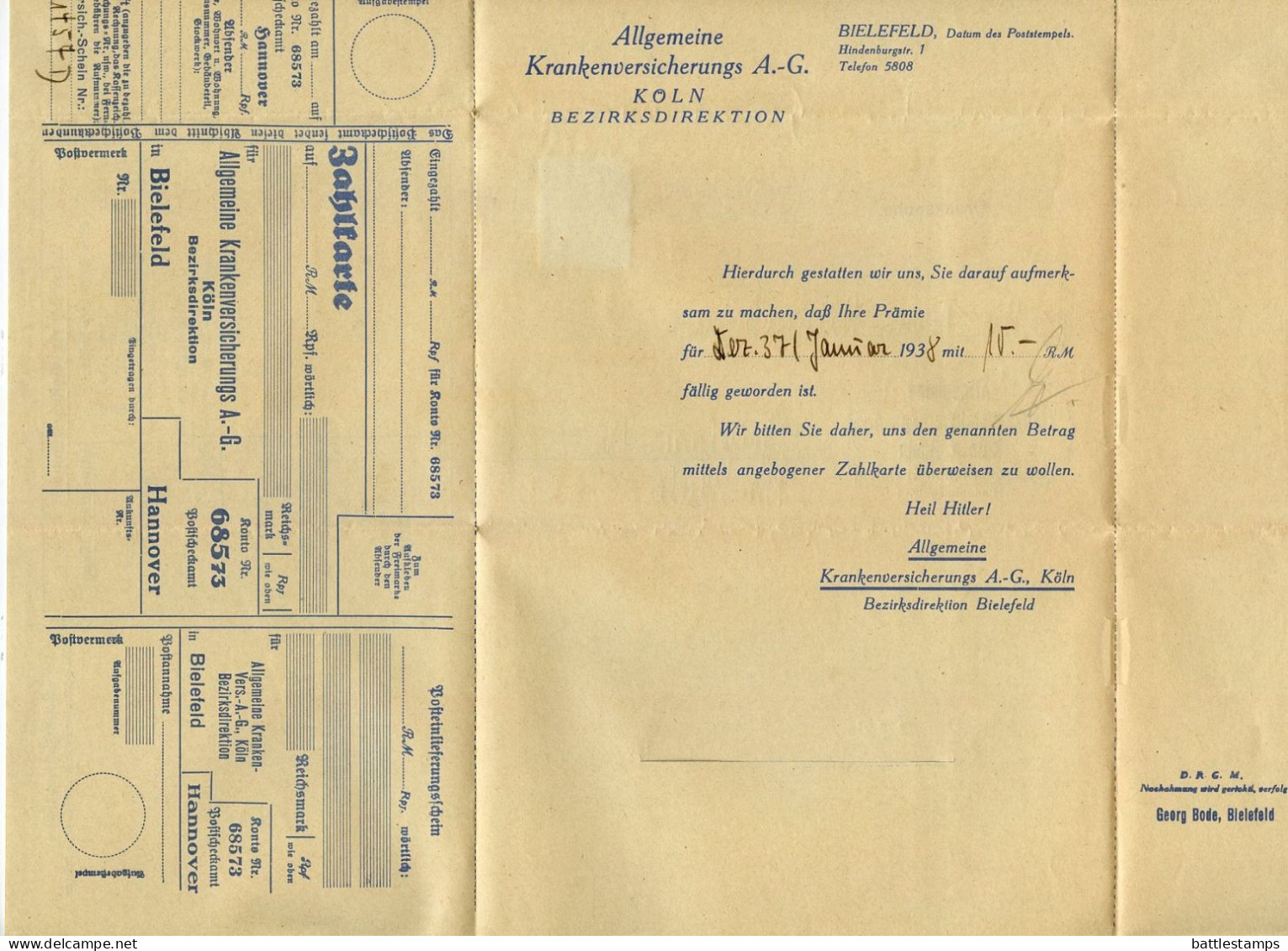 Germany 1938 Folded Zahlkarte; Bielefeld - Allgemeine Krankenversicherungs; 3pf. Hindenburg; Slogan Cancel - Lettres & Documents