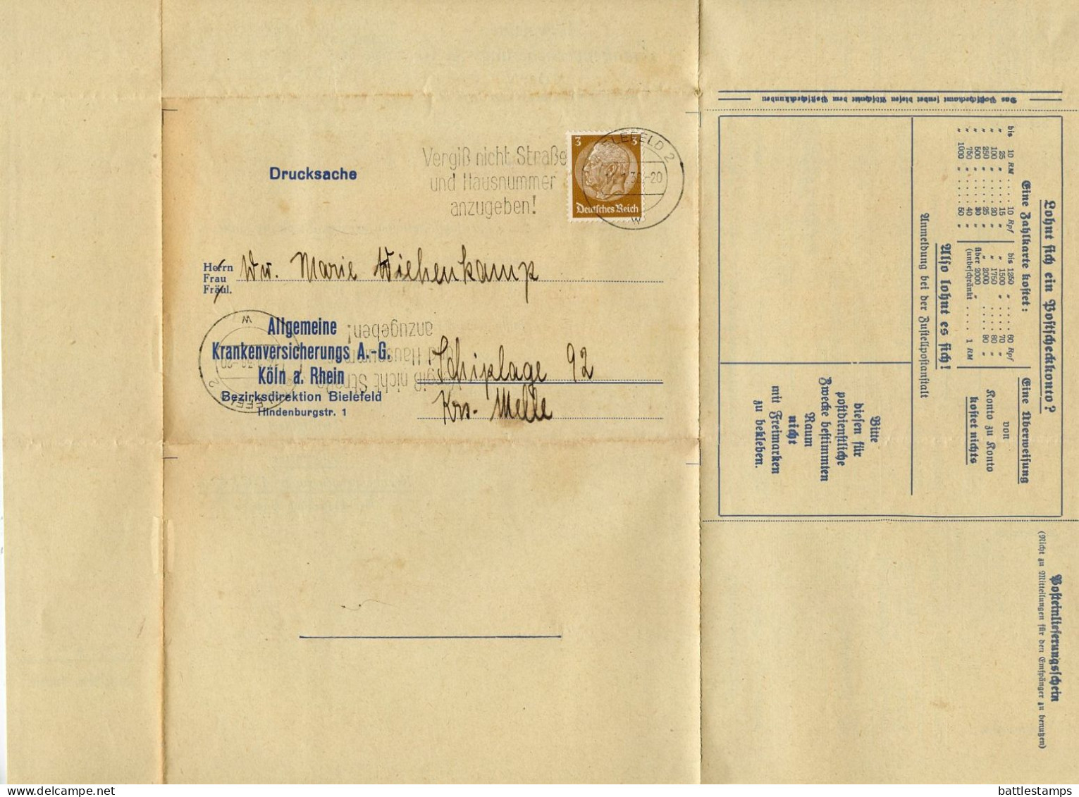 Germany 1938 Folded Zahlkarte; Bielefeld - Allgemeine Krankenversicherungs; 3pf. Hindenburg; Slogan Cancel - Storia Postale