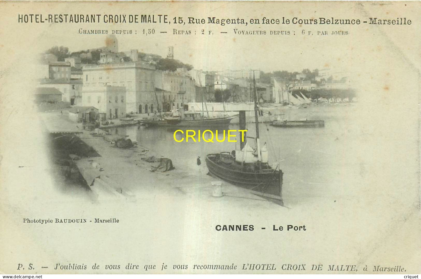 13 Marseille, Carte Nuage Publicitaire Hotel-Restaurant Croix De Malte, Le Port De Cannes - Non Classificati
