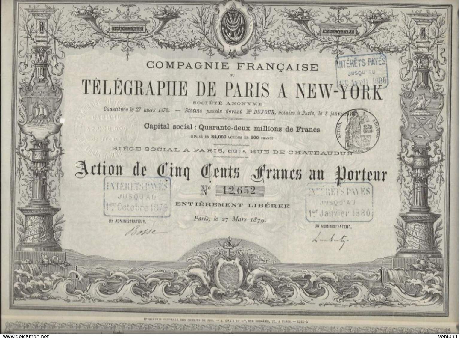 COMPAGNIE FRANCAISE DE TELEGRAPHE DE PARIS A NEW-YORK -500 FRANCS -PARIS 1879 - Autres & Non Classés