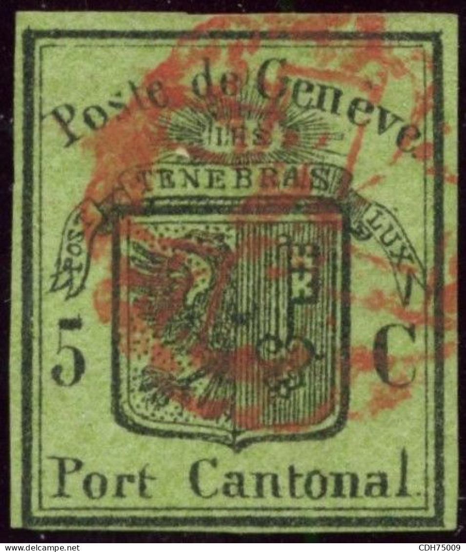 SUISSE - SBK 6 GENEVE 5C VERT GRANDE AIGLE - OBLITERE - CERTIFICAT SCHELLER - 1843-1852 Federal & Cantonal Stamps