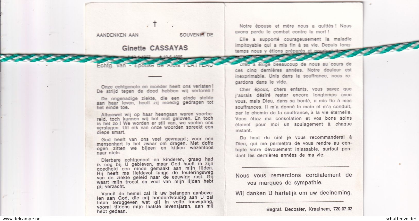 Ginette Cassayas-Platteau, 1927, 1985 - Obituary Notices