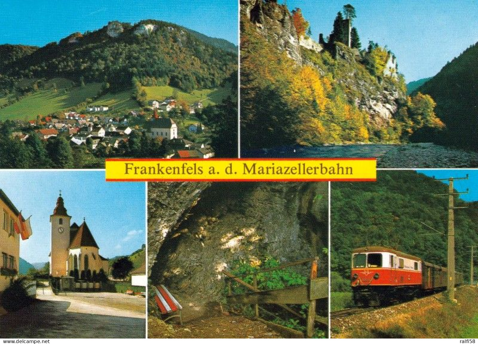 1 AK Österreich / NÖ * Blick Auf Frankenfels, Ruine Weißenfels, Pfarrkirche, Eingang Zur Nixhöhle Und D. Mariazellerbahn - Altri & Non Classificati