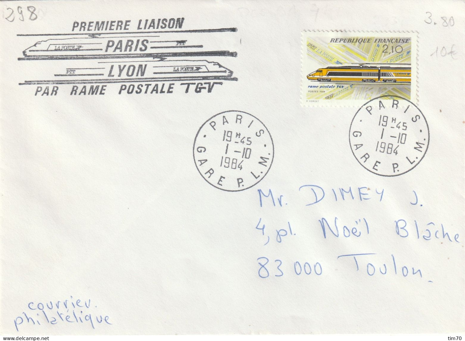 LET  PREMIERE LIAISON  PARIS  LYON   RAME  POSTALE  .  CAD   PARIS - GARE P.L.M. - Matasellos Manuales