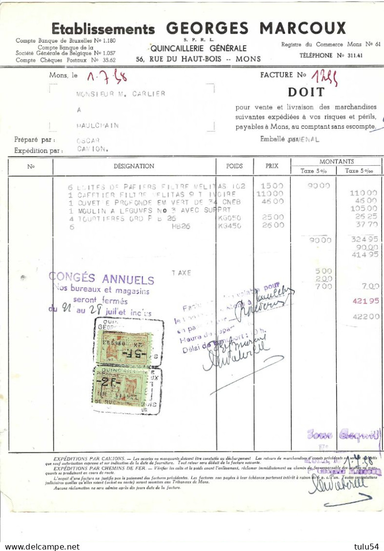 Ancienne Facture 1958 - 1950 - ...