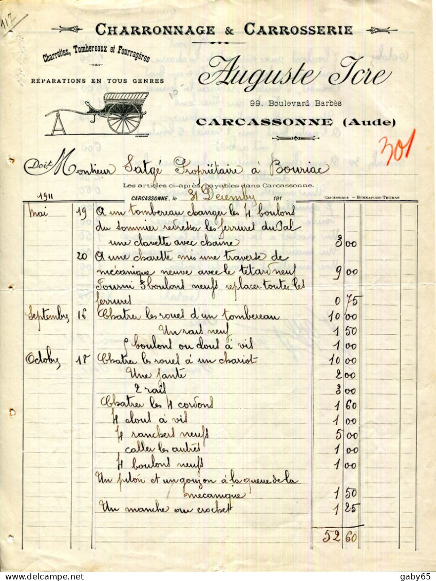 FACTURE.11.AUDE.CARCASSONNE.CHARRONNAGE & CARROSSERIE.AUGUSTE JERE 99 BOULEVARD BARBES. - Petits Métiers