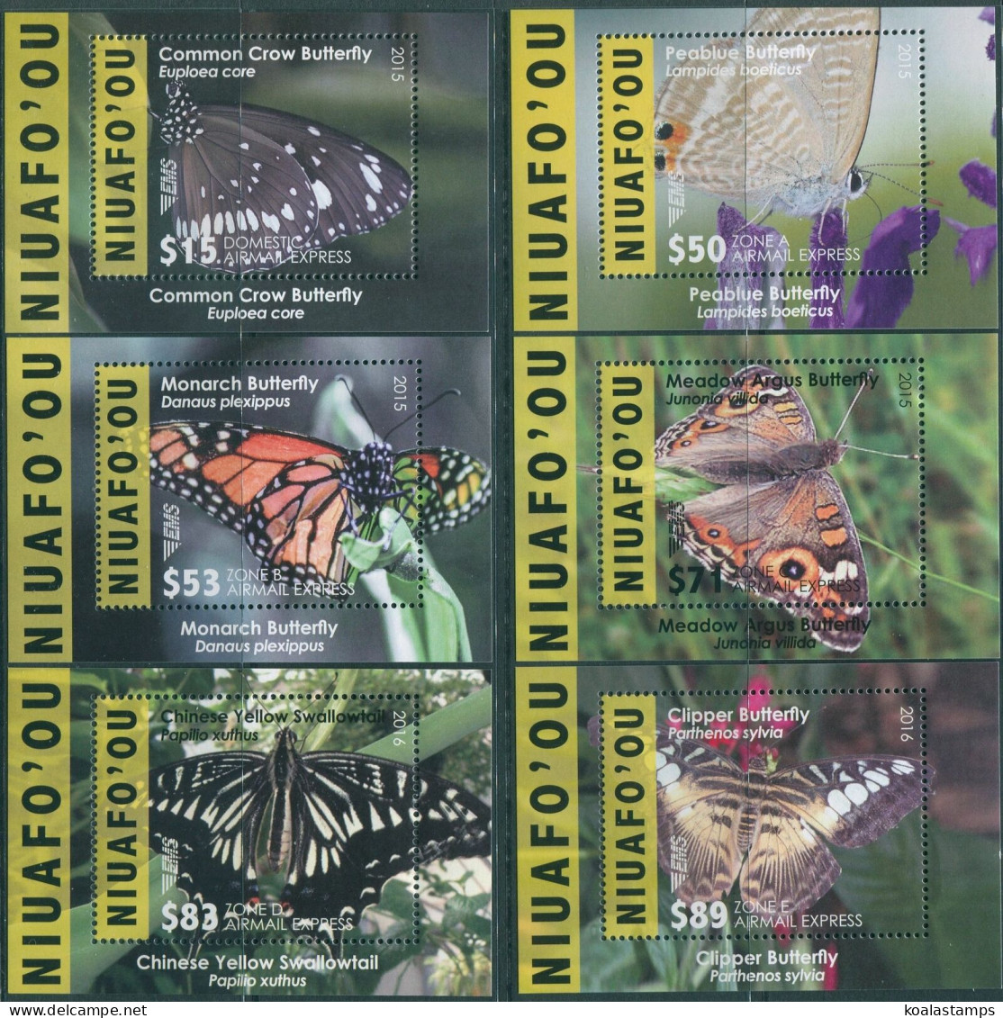 Niuafo'ou Express 2015 SGE12-E15 SGE17-E18 Butterflies (6) MS MNH - Tonga (1970-...)