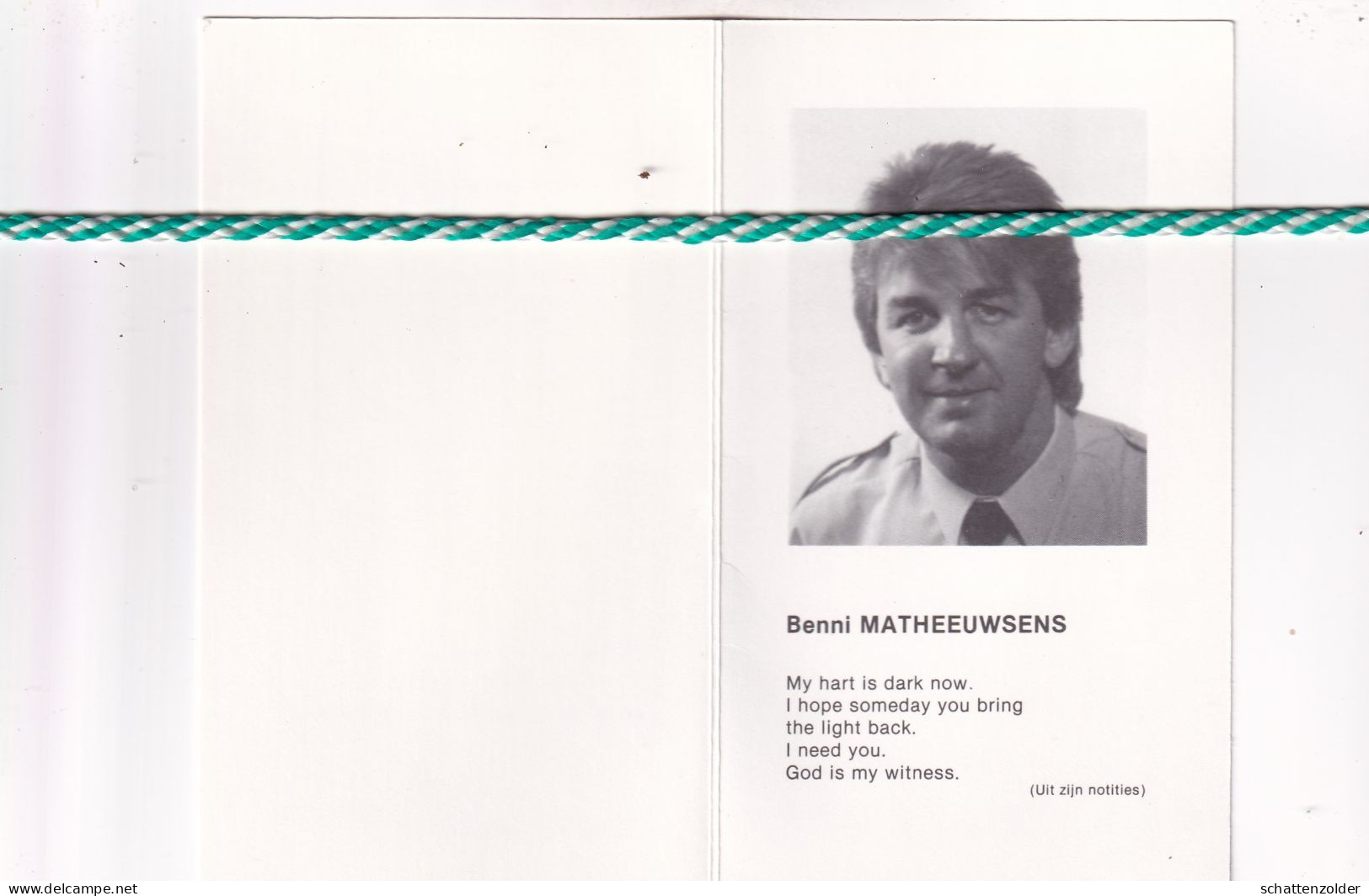 Benni Matheeuwsens, Overleden 1987 Sint-Niklaas, 29jaar. Foto - Obituary Notices